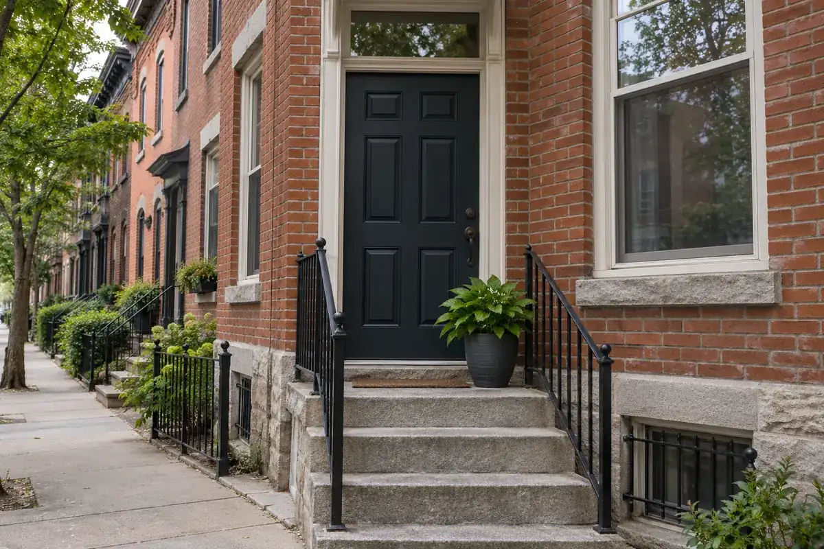 The closed front door of a brick rowhouse