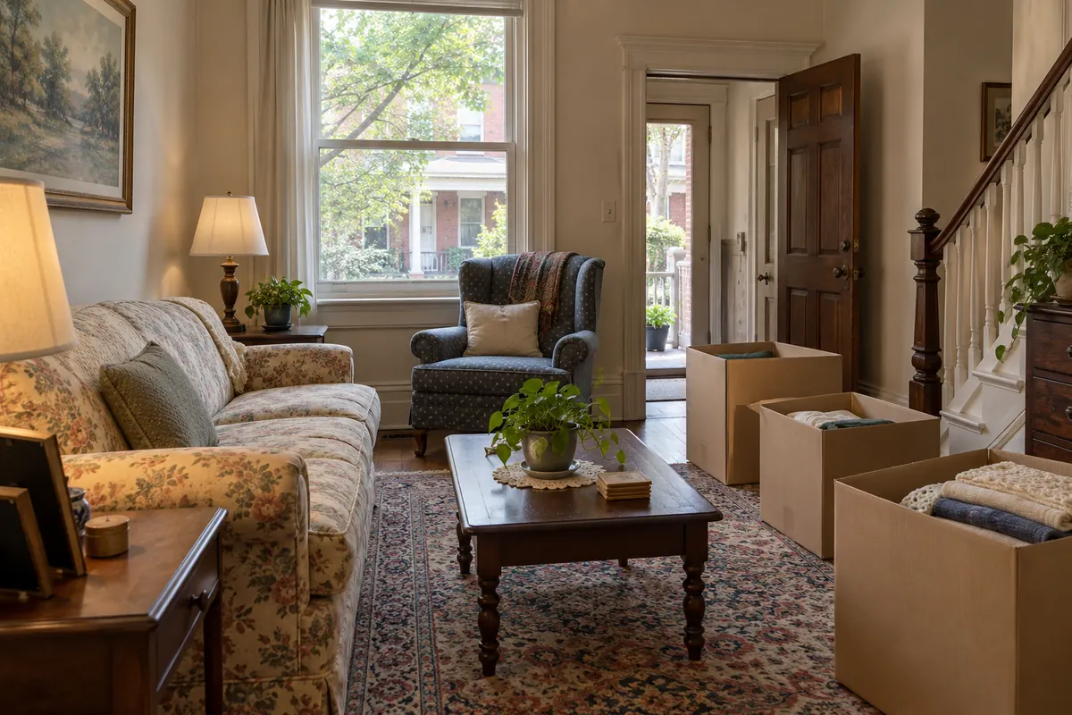 Living room of an older family home with a few packed boxes