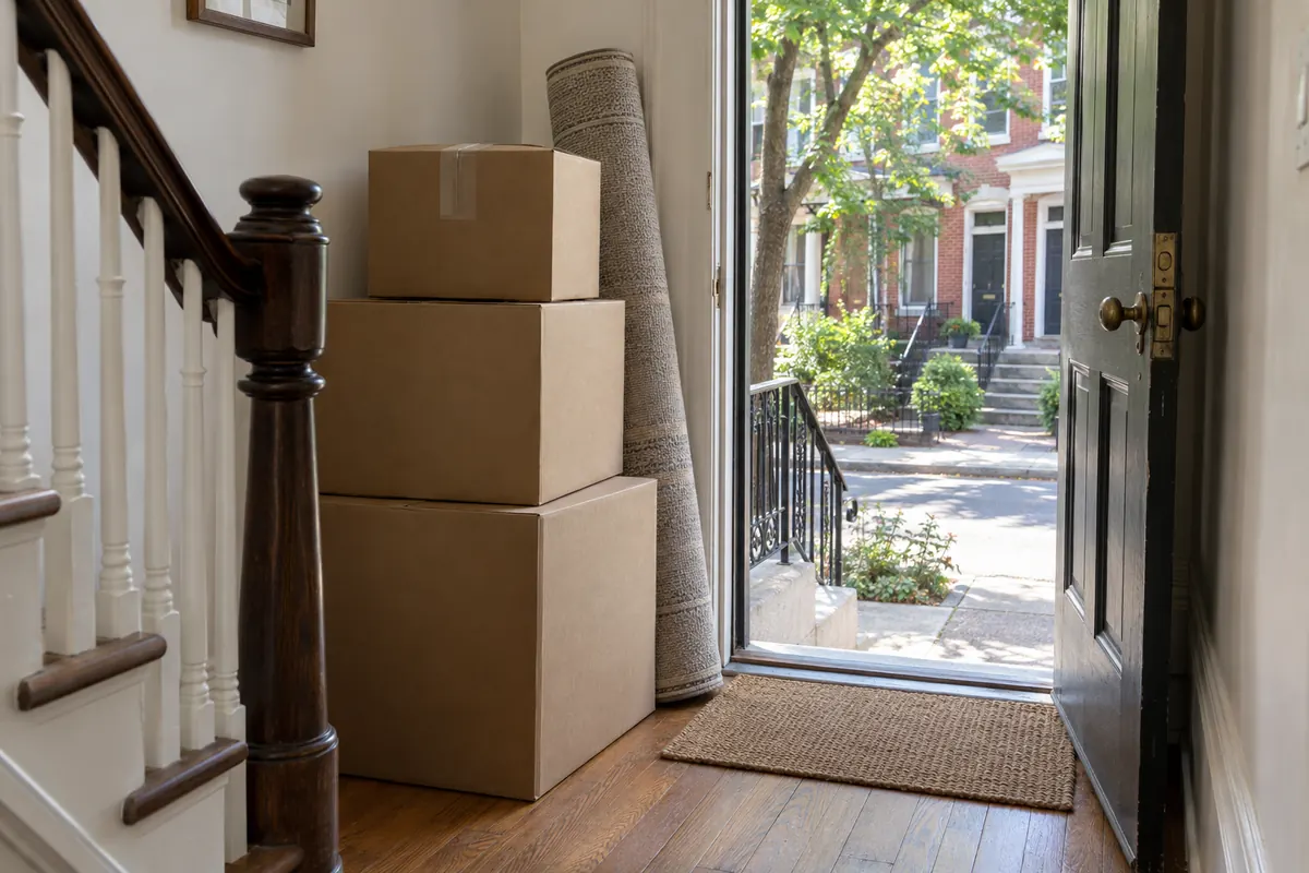 Moving boxes stacked by the front door of a house